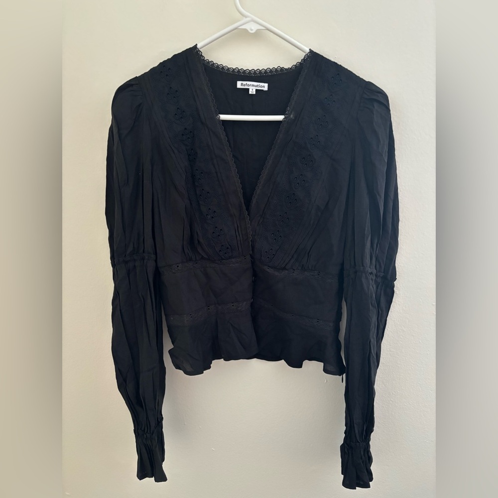 Reformation Meadowlark Black Lace Detail Blouse